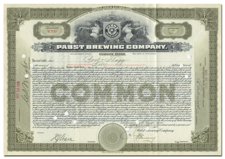 Pabst Brewing Company Stock Certificate