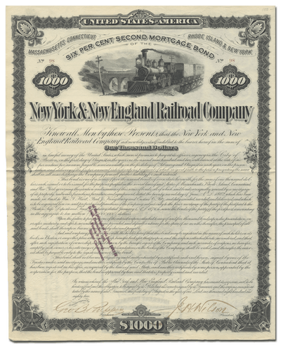 New York and New England Railroad Company Bond Certificate