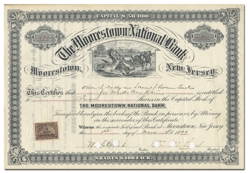 Moorestown National Bank Stock Certificate