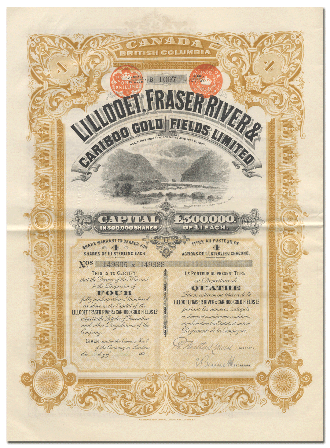 Lilloett, Fraser River & Cariboo Gold Fields Limited Bond Certificate