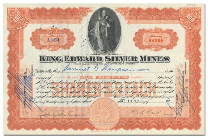 King Edward Silver Mines Stock Certificate