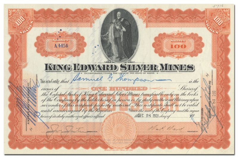 King Edward Silver Mines Stock Certificate
