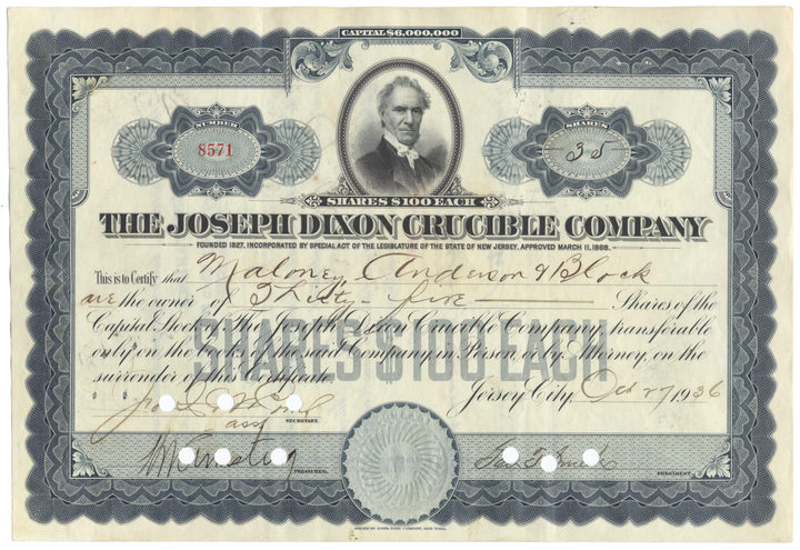 Joseph Dixon Crucible Company Stock Certificate