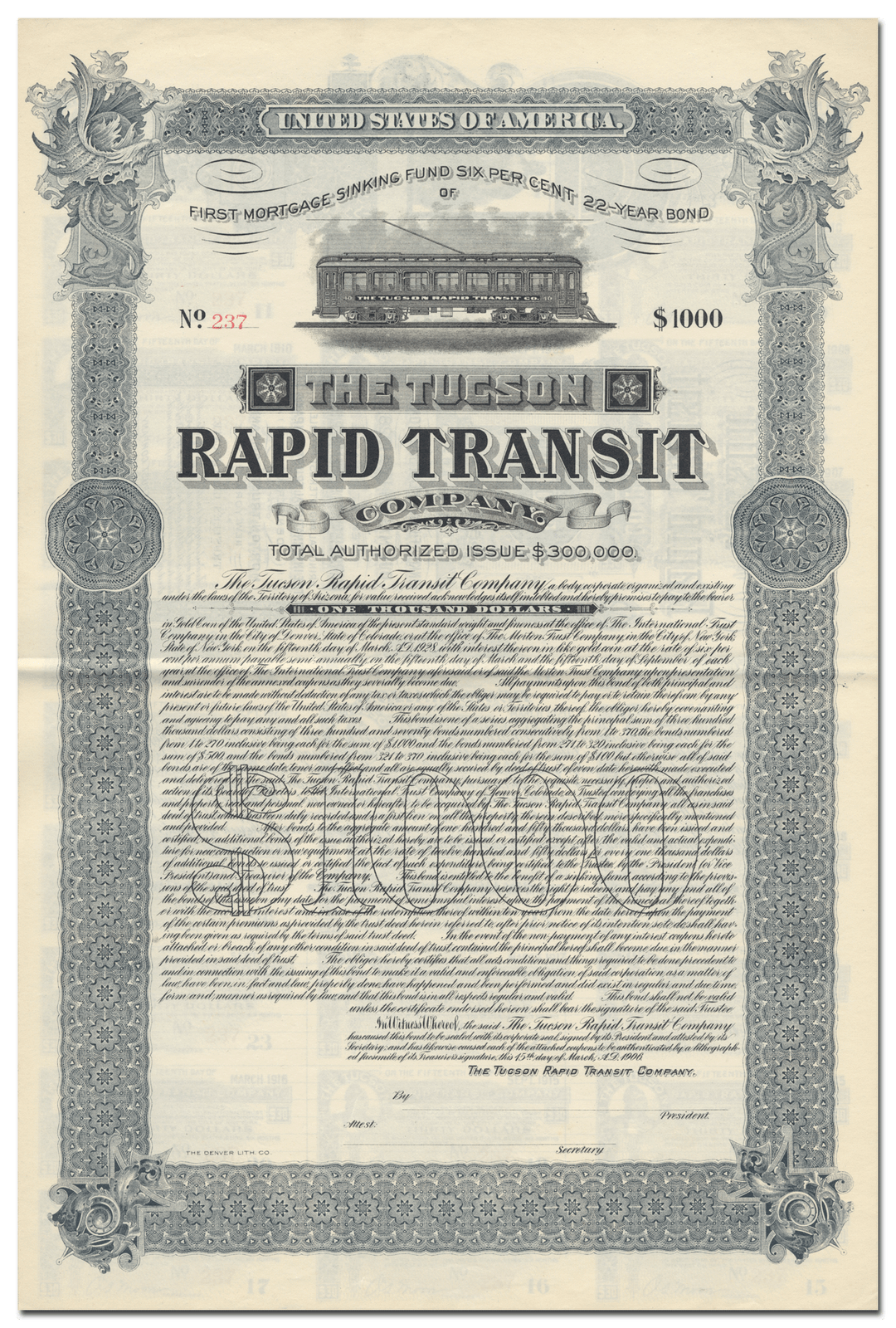 Tucson Rapid Transit Company Bond Certificate