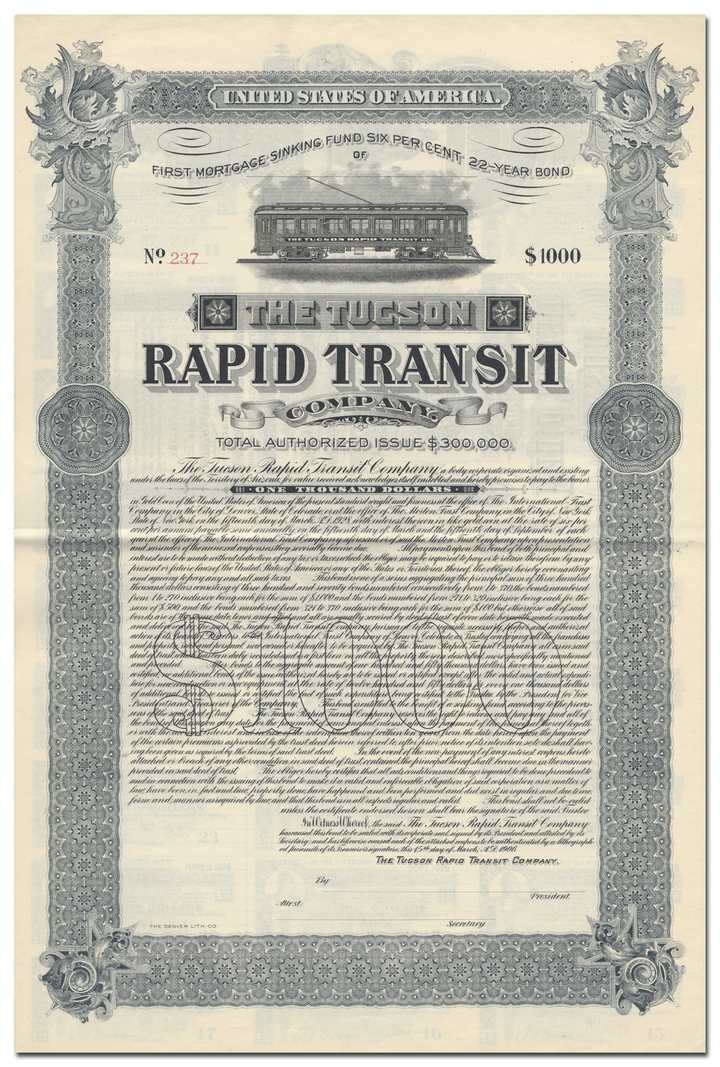 Tucson Rapid Transit Company Bond Certificate