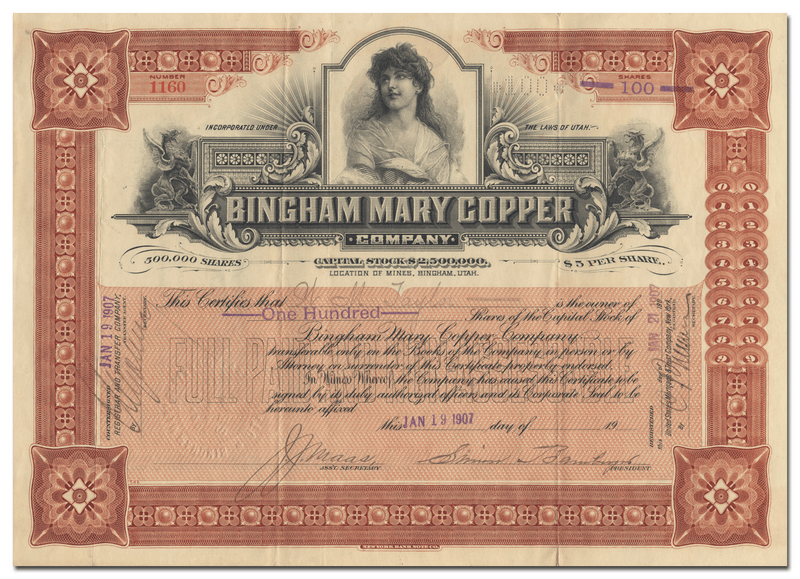 Bingham Mary Copper Company Stock Certificate Signed by Simon Bamberger