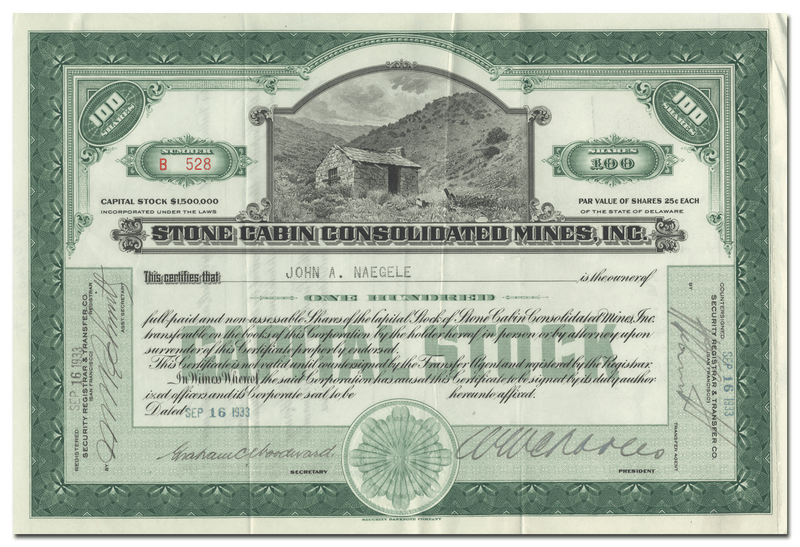 Stone Cabin Consolidated Mines, Inc. Stock Certificate