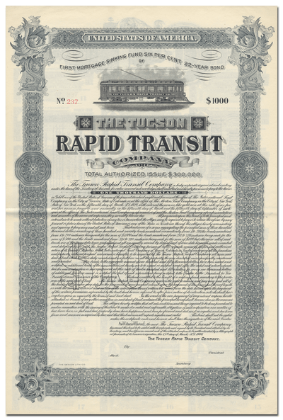 Tucson Rapid Transit Company Bond Certificate