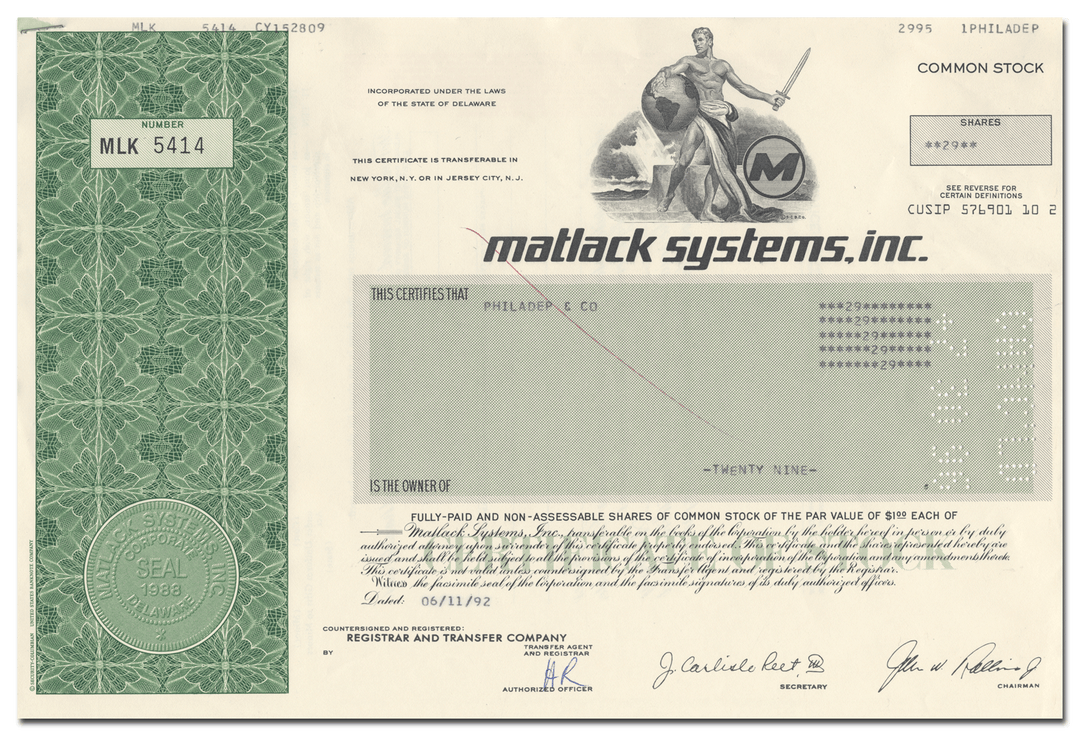 Matlack Systems, Inc. Stock Certificate