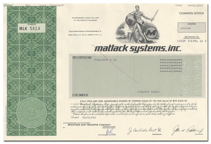 Matlack Systems, Inc. Stock Certificate