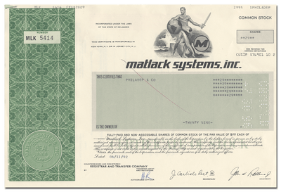 Matlack Systems, Inc. Stock Certificate