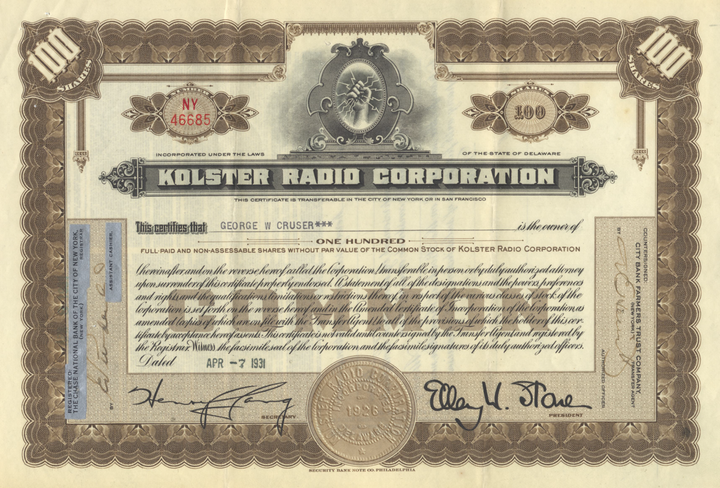 Kolster Radio Corporation Stock Certificate