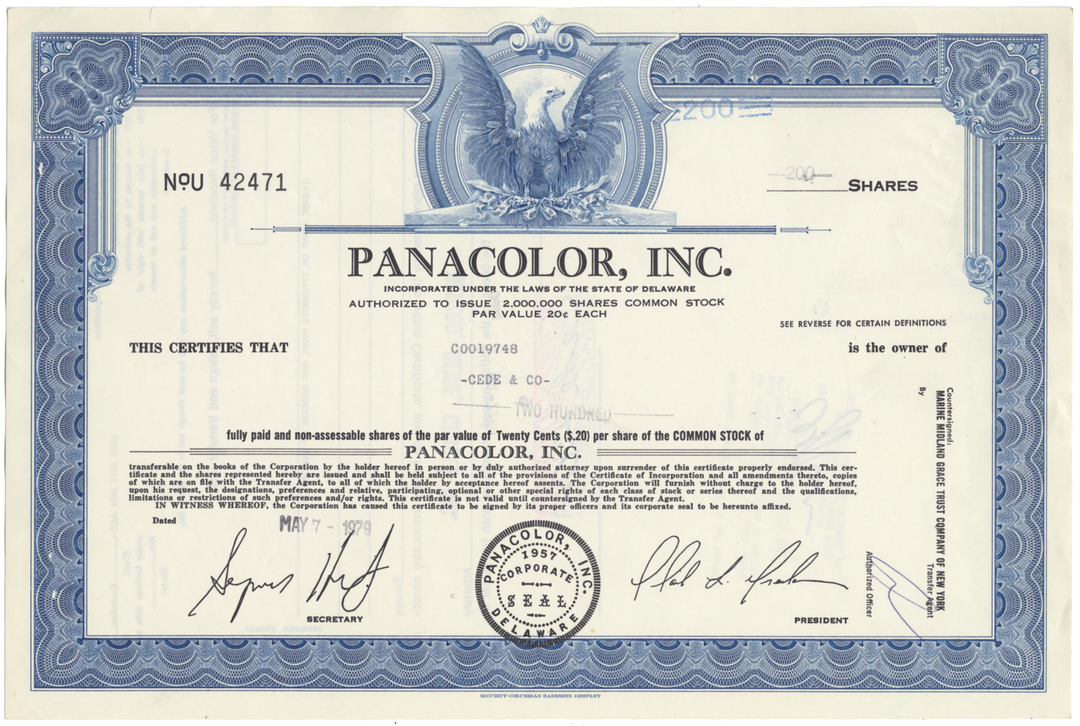 Panacolor, Inc. Stock Certificate