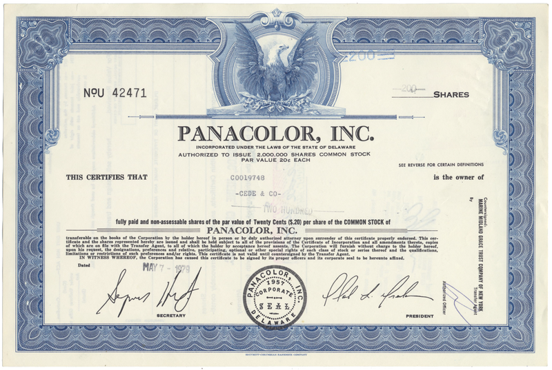 Panacolor, Inc. Stock Certificate