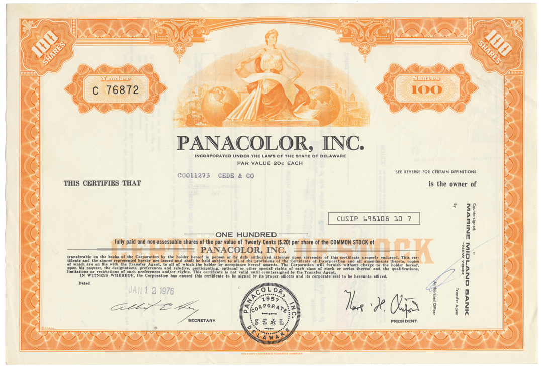 Panacolor, Inc. Stock Certificate