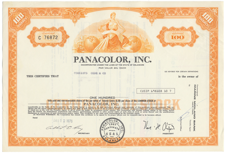 Panacolor, Inc. Stock Certificate