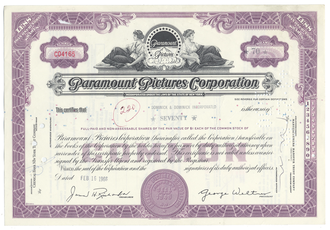 Paramount Pictures Corporation Stock Certificate