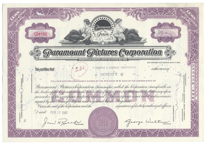 Paramount Pictures Corporation Stock Certificate