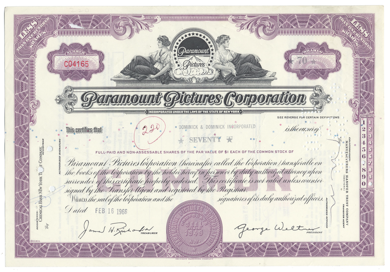 Paramount Pictures Corporation Stock Certificate