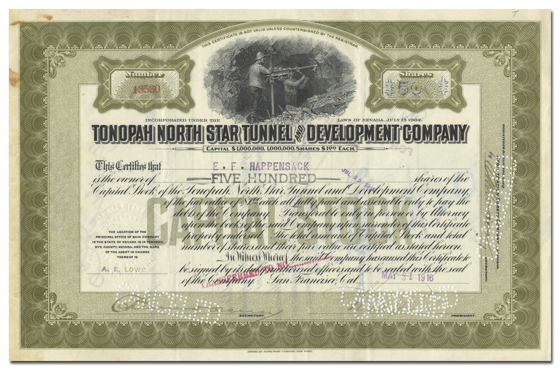 Tonopah North Star Tunnel and Development Company Stock Certificate