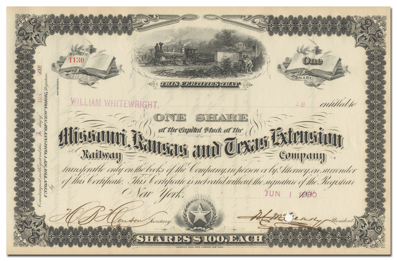 Missouri, Kansas and Texas Extension Railway Company Stock Certificate