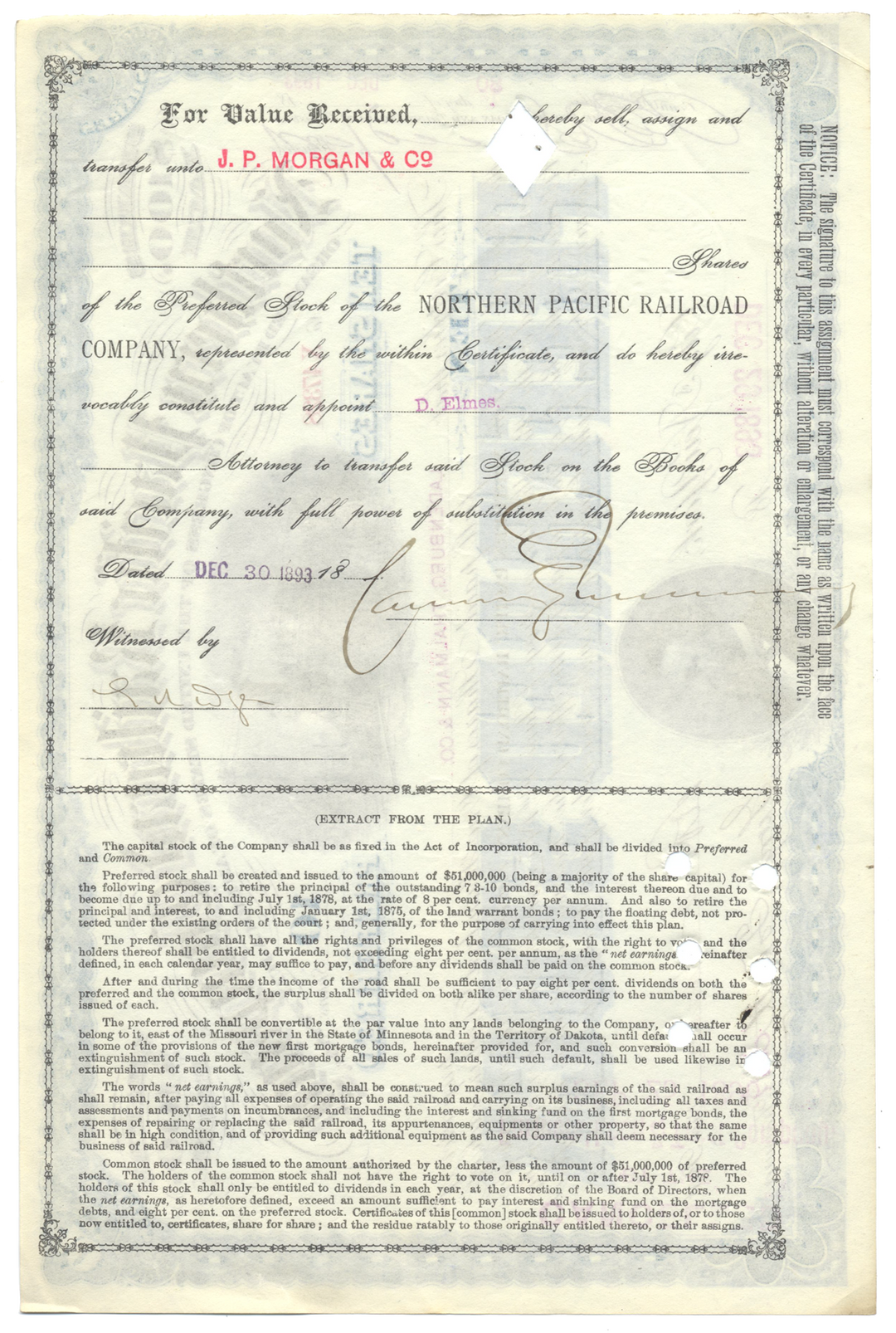 Northern Pacific Railroad Company Stock Certificate