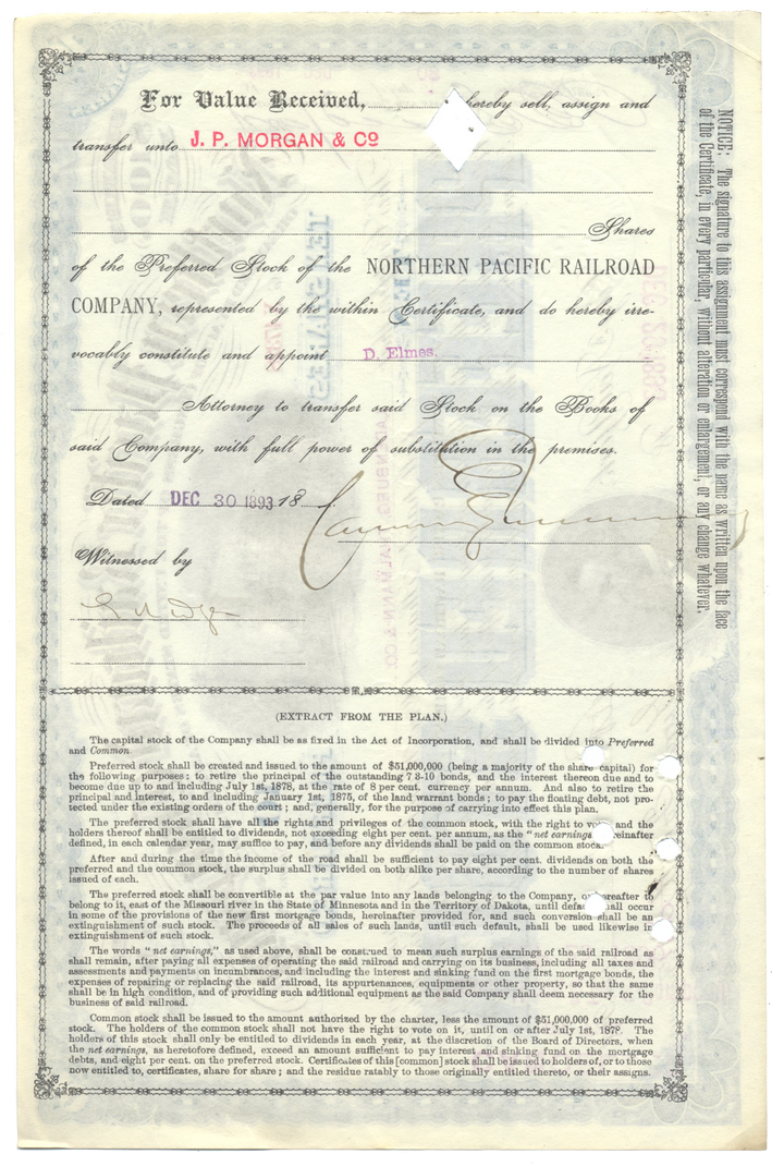 Northern Pacific Railroad Company Stock Certificate