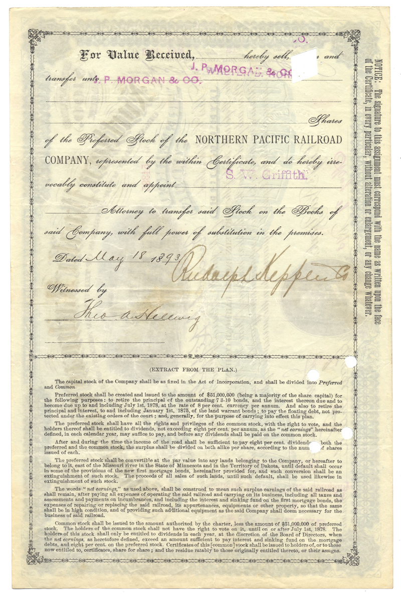 Northern Pacific Railroad Company Stock Certificate