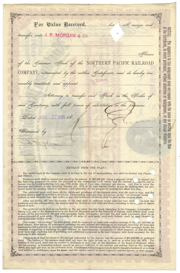 Northern Pacific Railroad Company Stock Certificate