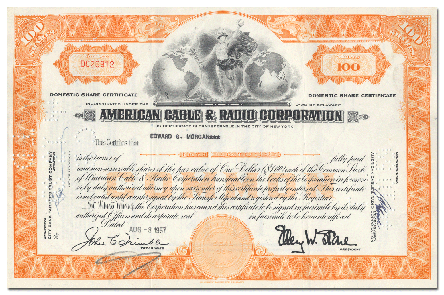 American Cable & Radio Corporation Stock Certificate