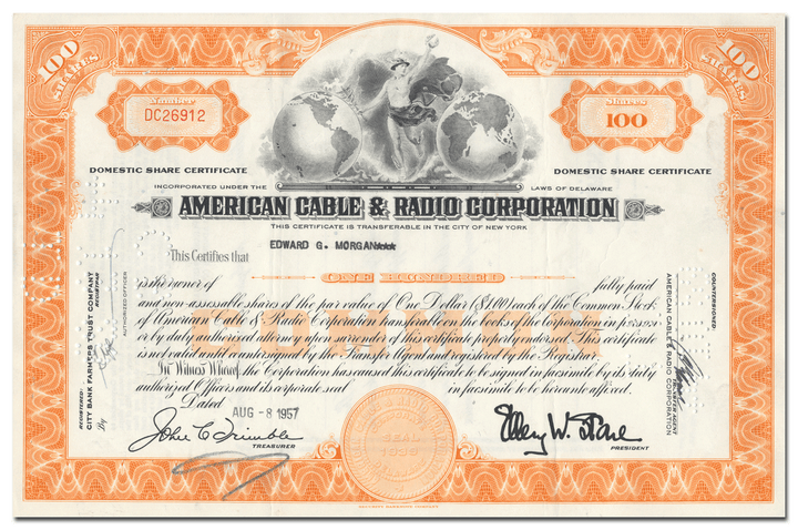 American Cable & Radio Corporation Stock Certificate