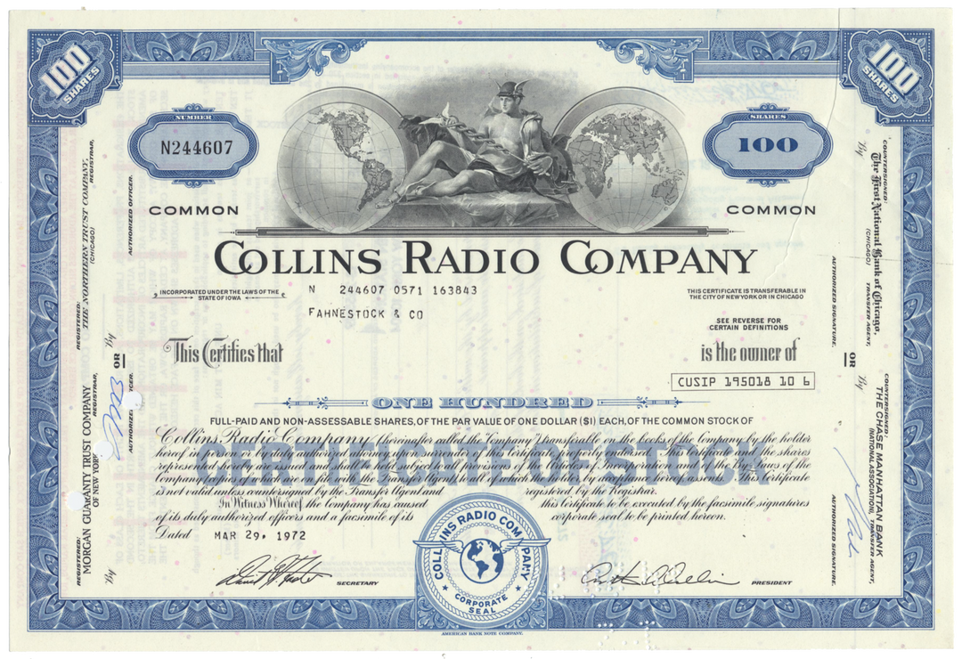 Collins Radio Company Stock Certificate