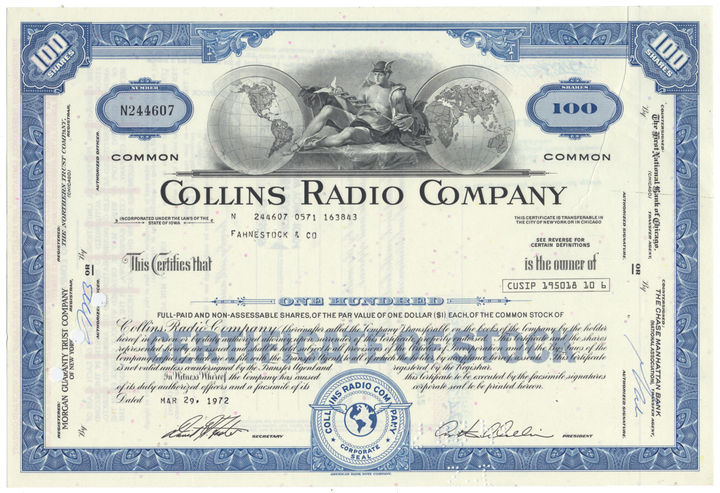 Collins Radio Company Stock Certificate