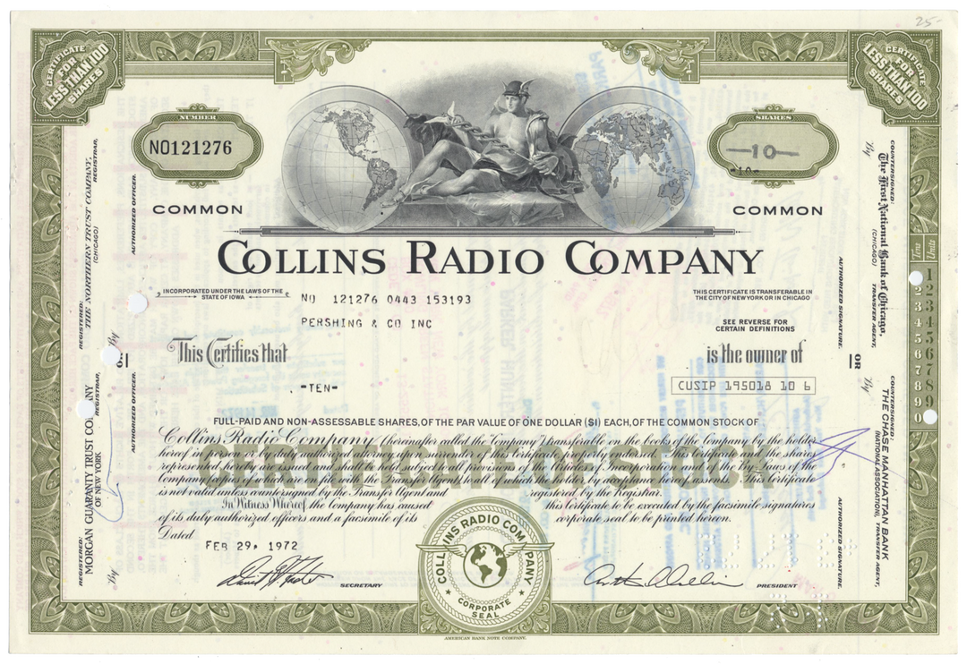 Collins Radio Company Stock Certificate