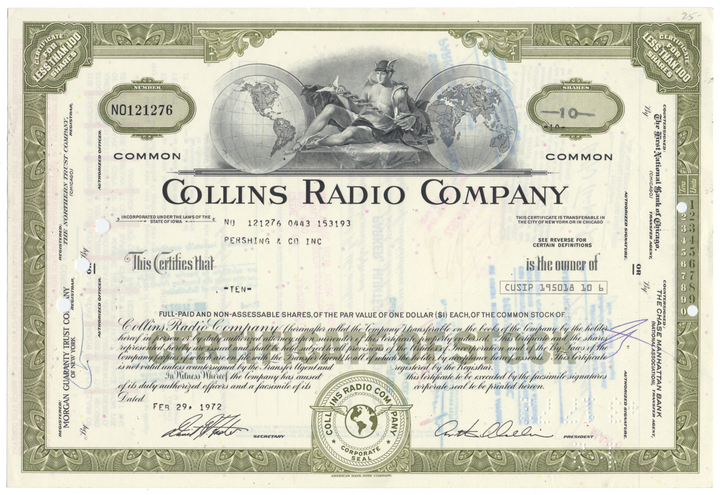 Collins Radio Company Stock Certificate