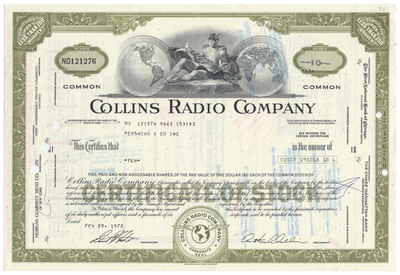 Collins Radio Company Stock Certificate
