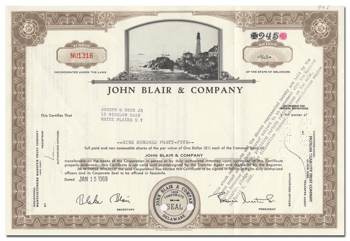 John Blair & Company Stock Certificate