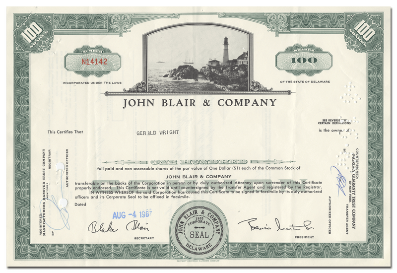 John Blair & Company Stock Certificate