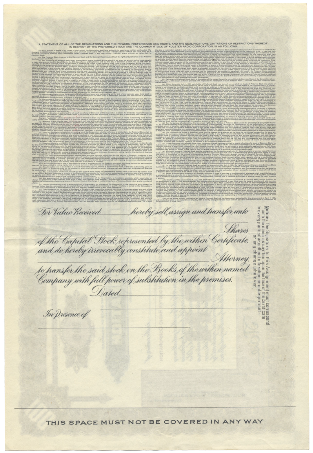 Kolster Radio Corporation Stock Certificate