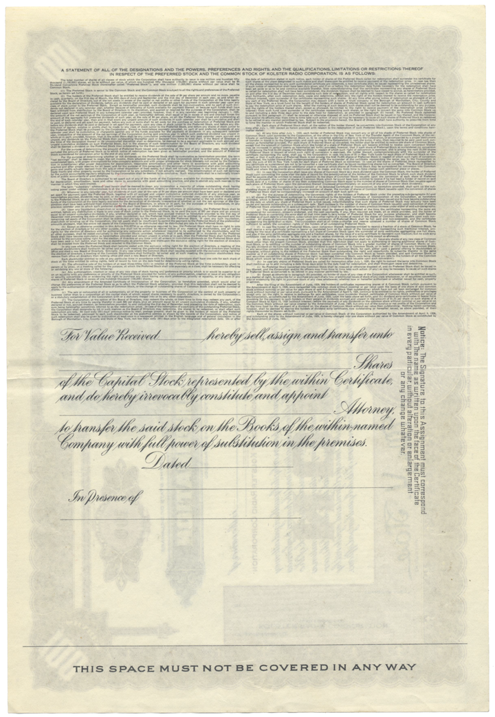 Kolster Radio Corporation Stock Certificate