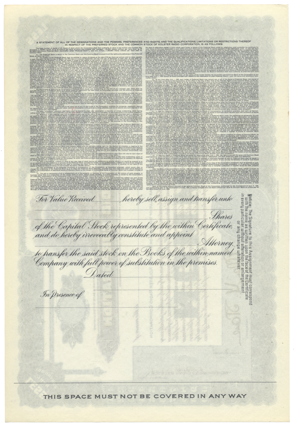 Kolster Radio Corporation Stock Certificate