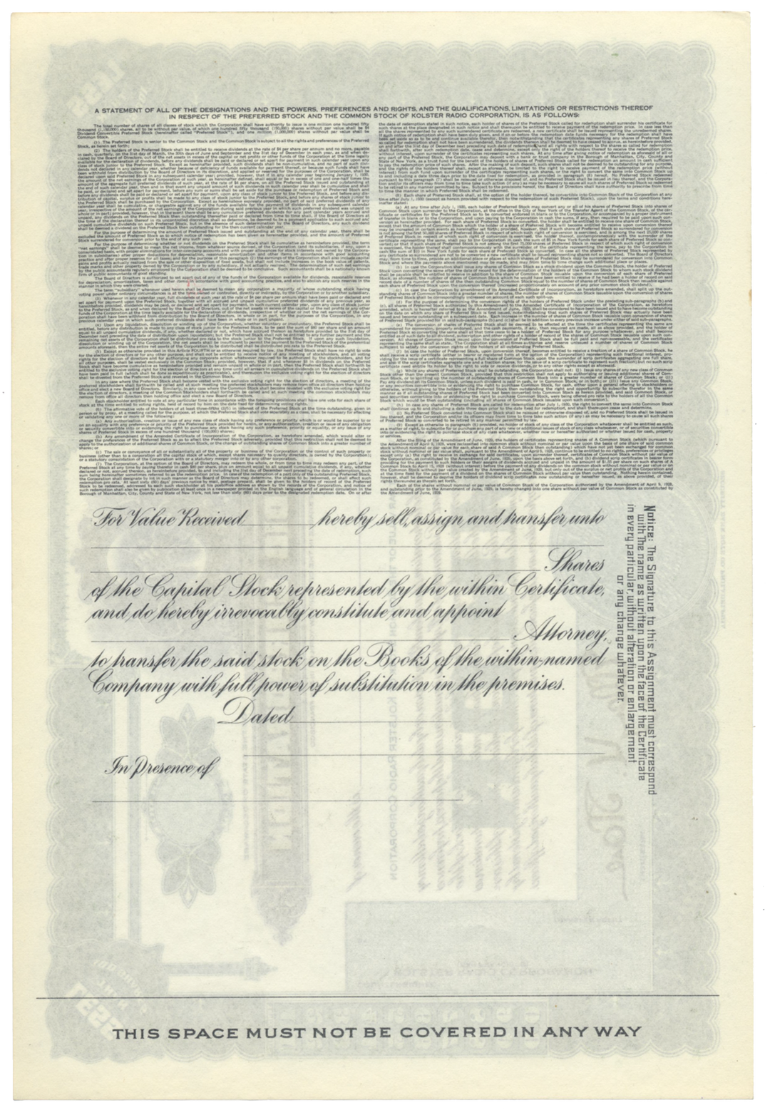 Kolster Radio Corporation Stock Certificate