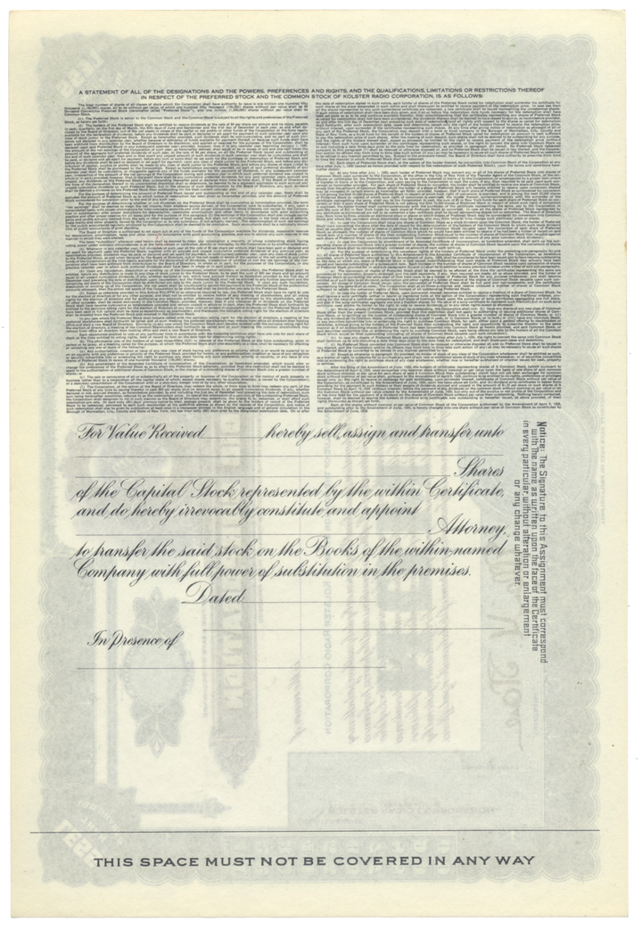 Kolster Radio Corporation Stock Certificate