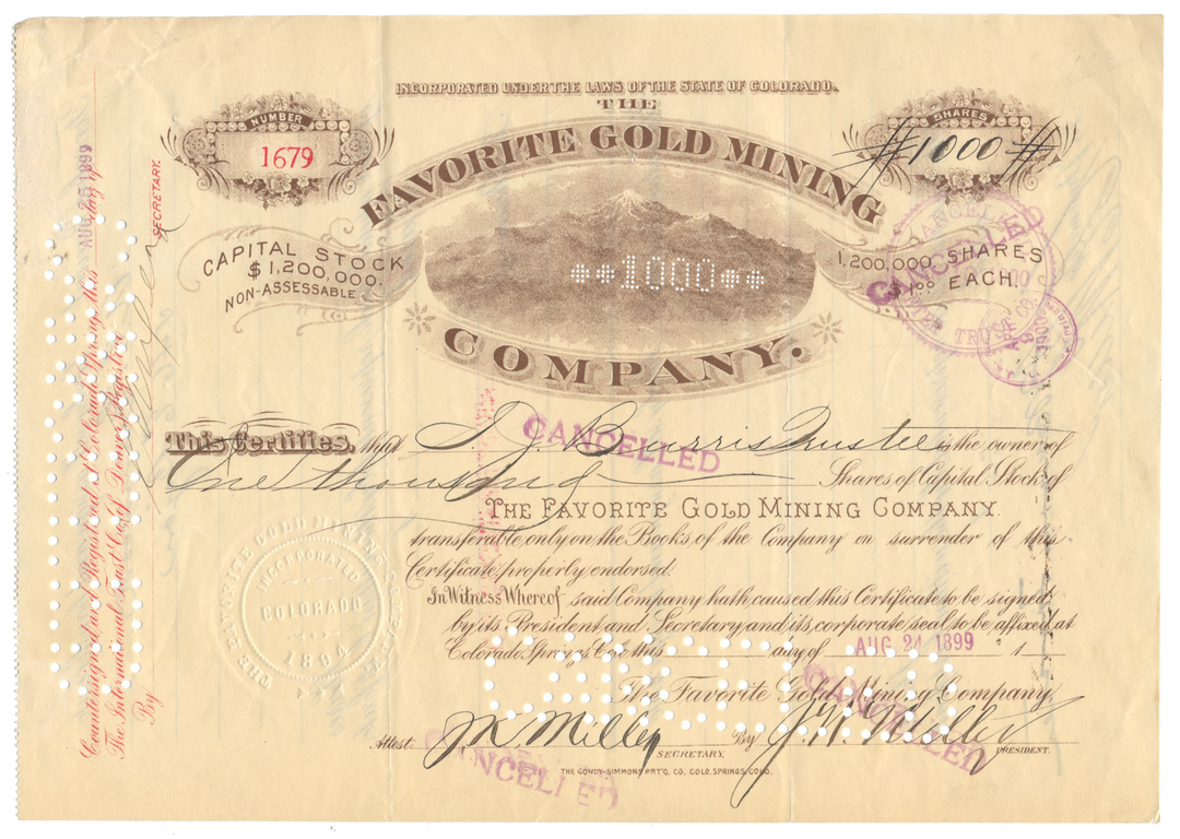 Favorite Gold Mining Company Stock Certificate