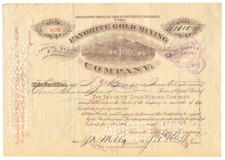 Favorite Gold Mining Company Stock Certificate