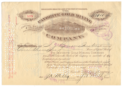 Favorite Gold Mining Company Stock Certificate