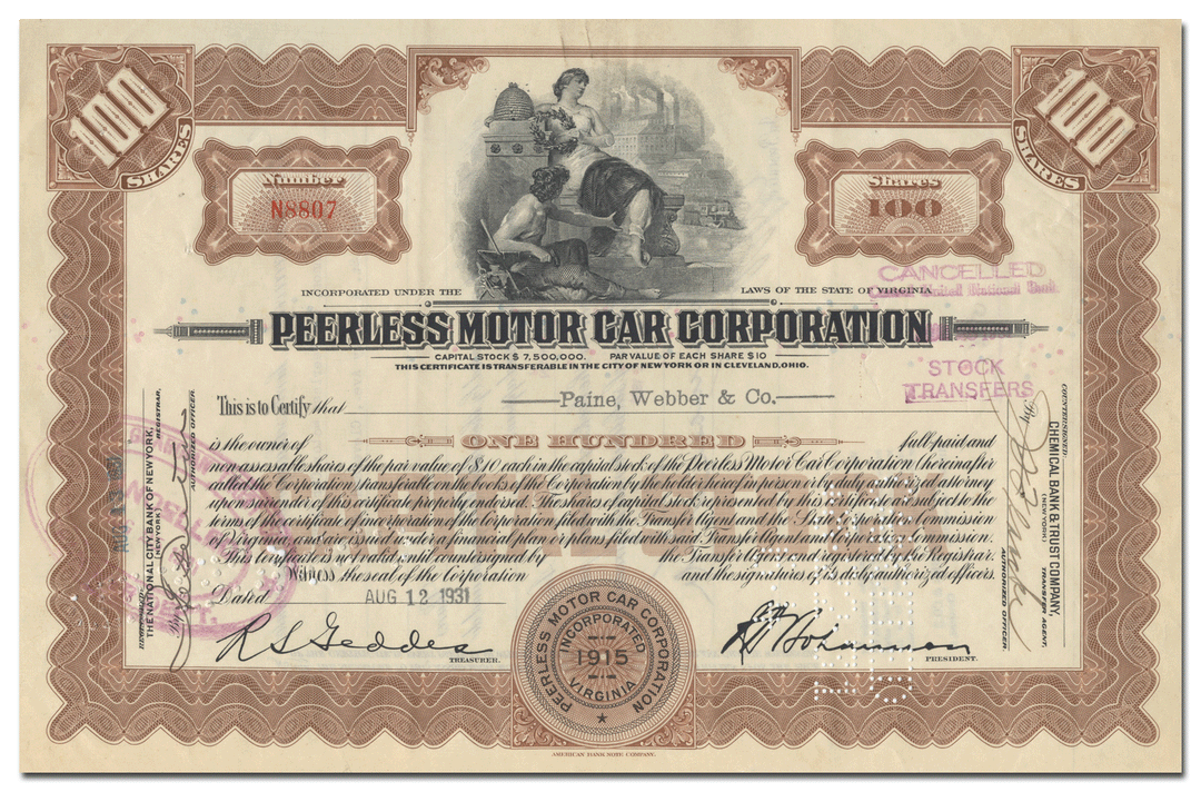 Peerless Motor Car Corporation Stock Certificate