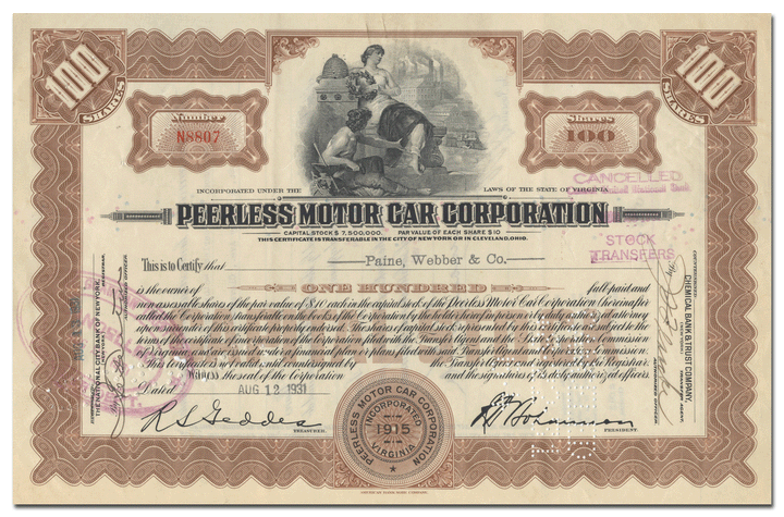 Peerless Motor Car Corporation Stock Certificate