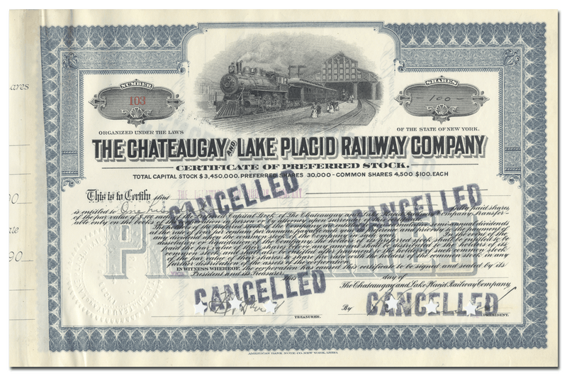 Chateaugay and Lake Placid Railway Company Stock Certificate