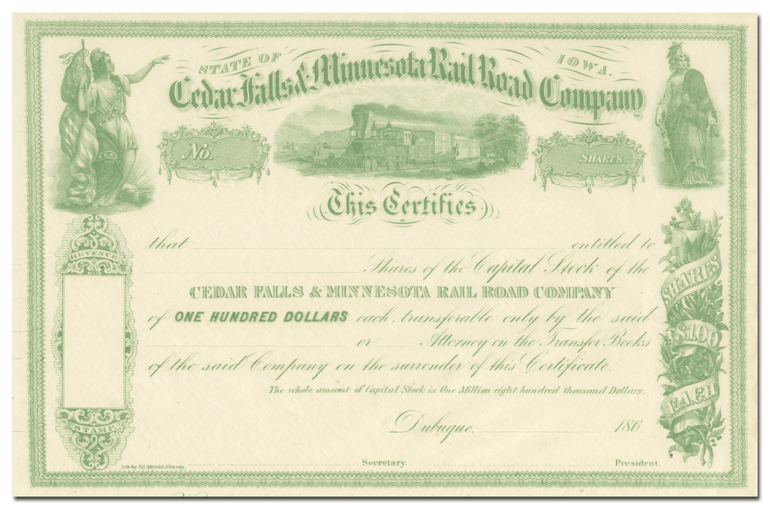 Cedar Falls and Minnesota Rail Road Company Stock Certificate